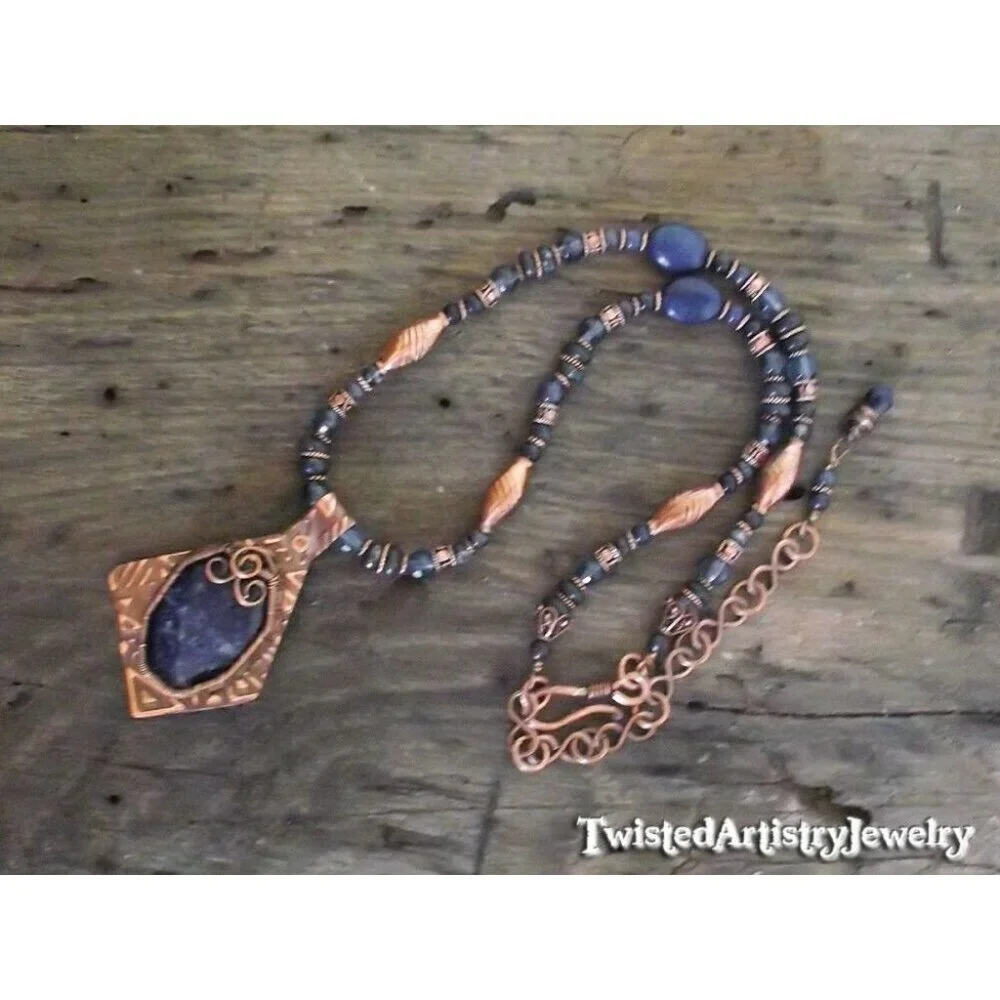 Lapis Lazuli Asymmetric Wire Wrapped Copper Pendant Beaded Necklace Handmade - Picture 4 of 4